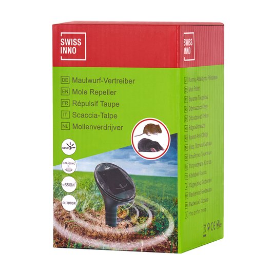 Solar-Maulwurf-Vertreiber SuperCat – Produktverpackung Bild zeigt die Verpackung des Solar-Maulwurf-Vertreiber SuperCat im rot-grünen Design, von vorne dargestellt.